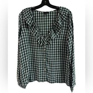 Ann Taylor Green Silver Plaid Ruffle Collar Top Size S
